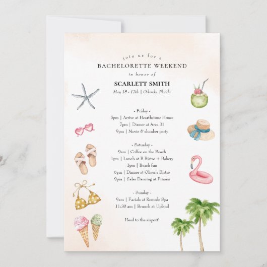 トロピカルビーチ独身最後の週末の予定 招待状 (正面)