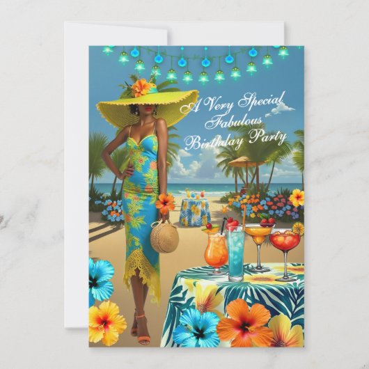 トロピカルビーチ素晴らしい誕生日ハイビスカスカクテル 招待状 (正面)