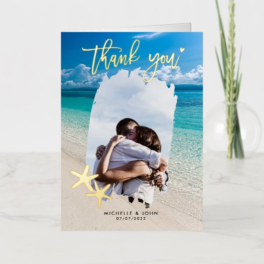 トロピカルビーチ結婚式サンキュースターフィッシュ金ゴールド 箔グリーティングカード (正面)