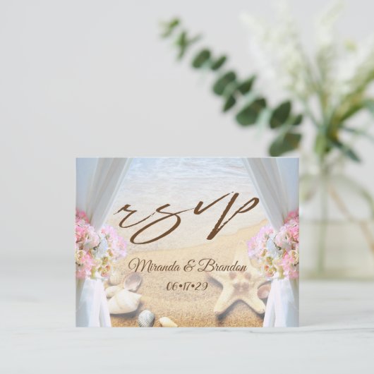 トロピカルビーチ結婚式ヒトシェルRSVP 案内ポストカード (スタンド正面)