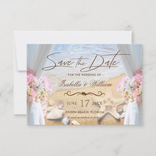 トロピカルビーチ結婚式ヒトデSave the Date Card セーブザデート (正面)