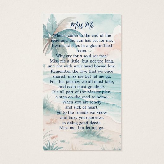 トロピカルビーチ葬儀写真記念祈りの言葉カード (裏面)