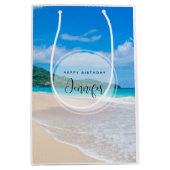 トロピカルビーチ風光明媚な写真誕生日 ミディアムペーパーバッグ (正面)