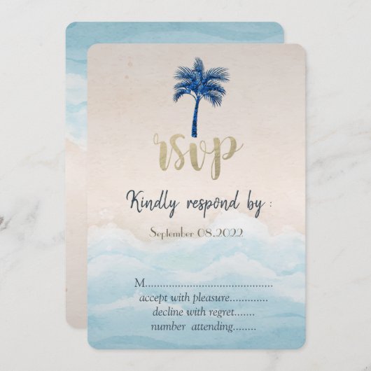 トロピカルビーチ グル パーム ウェディング RSVP 招待状 (正面/裏面)