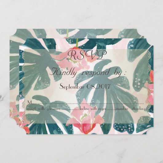 トロピカルビーチ ハイビスカス パームリーフ   返信 招待状 (正面/裏面)
