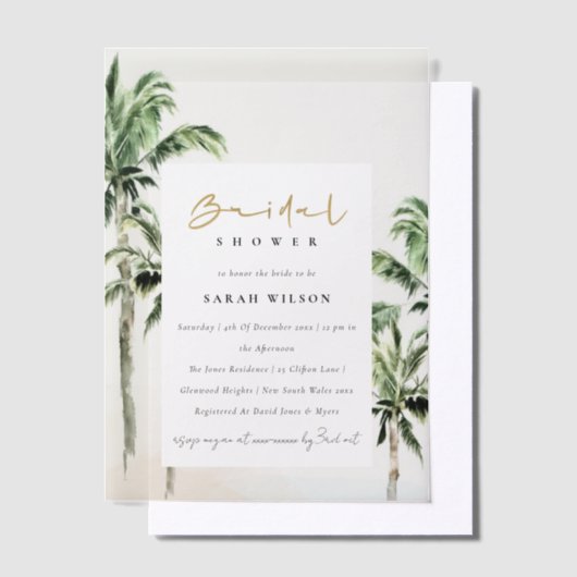 トロピカルビーチ パームツリー 水彩 ブライダルシャワー ベラム紙招待状 (オフセット)