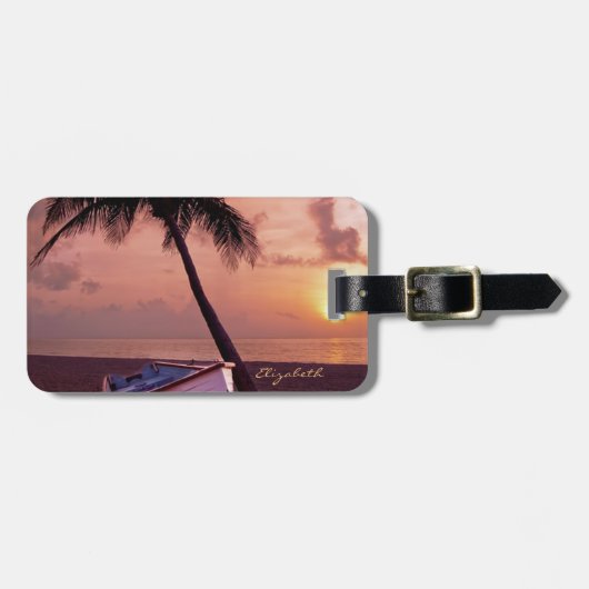 トロピカルビーチ、パーム、サンセット、ボートパーソナライズされた- ラゲッジタグ (正面横)