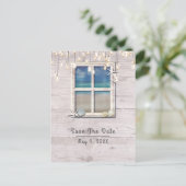 トロピカルビーチ 窓 白い木 Save the Date 案内ポストカード (スタンド正面)