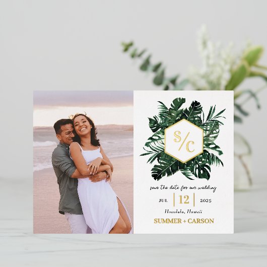 トロピカルビーブフォイル結婚式の日付カードを保存 箔招待状 (立ち正面)