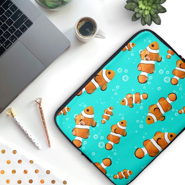 トロピカルピエロ&バブルパターン ラップトップスリーブ (Tropical Clownfish Pattern Laptop Sleeve)