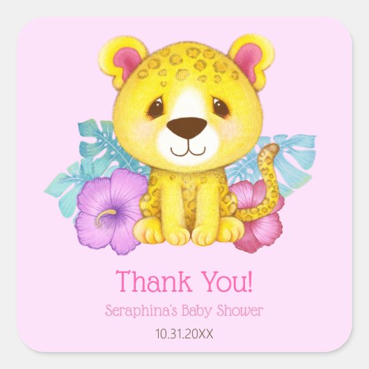 トロピカルピンキヒョウ赤ちゃんシャワーありがとう スクエアシール (正面)