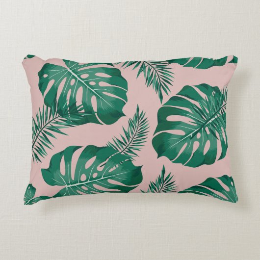 トロピカルピンクとグリーンパーム葉のシームレスパターン アクセントクッション (正面)