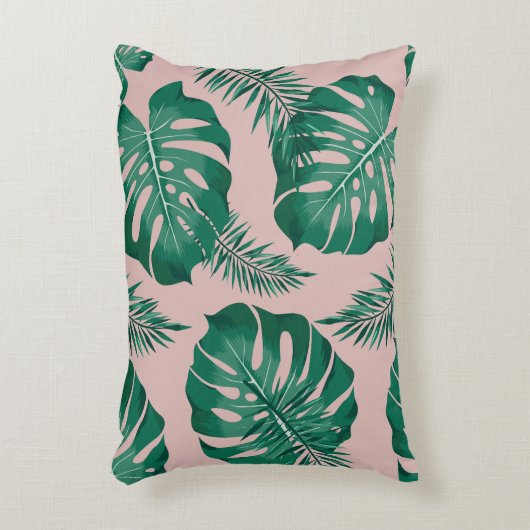 トロピカルピンクとグリーンパーム葉のシームレスパターン アクセントクッション (正面(垂直))