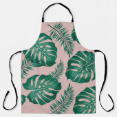 トロピカルピンクとグリーンパーム葉のシームレスパターン エプロン (正面)