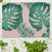 トロピカルピンクとグリーンパーム葉のシームレスパターン キッチンタオル (折り畳み)