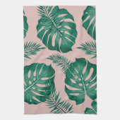 トロピカルピンクとグリーンパーム葉のシームレスパターン キッチンタオル (縦)