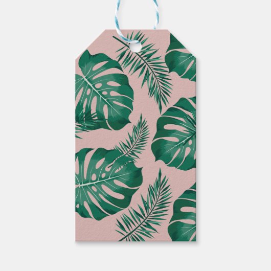 トロピカルピンクとグリーンパーム葉のシームレスパターン ギフトタグ (正面)