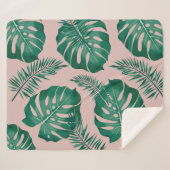 トロピカルピンクとグリーンパーム葉のシームレスパターン シェルパブランケット (正面(横))