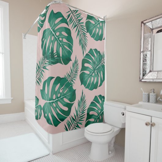 トロピカルピンクとグリーンパーム葉のシームレスパターン シャワーカーテン (インサイチュ)