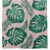 トロピカルピンクとグリーンパーム葉のシームレスパターン シャワーカーテン (正面)