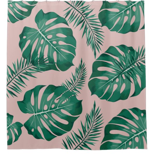 トロピカルピンクとグリーンパーム葉のシームレスパターン シャワーカーテン (正面)