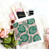 トロピカルピンクとグリーンパーム葉のシームレスパターン トートバッグ