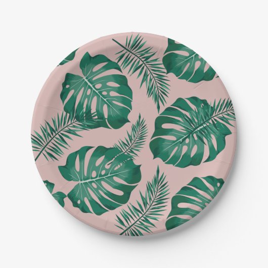 トロピカルピンクとグリーンパーム葉のシームレスパターン ペーパープレート (正面)