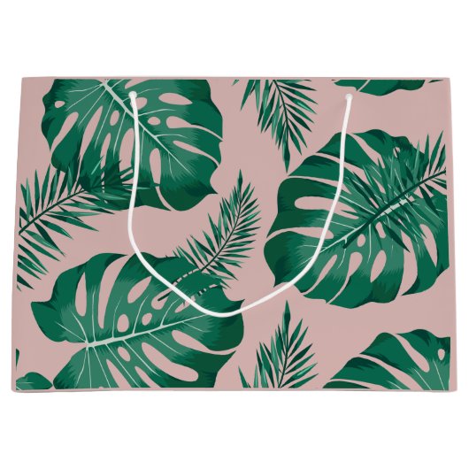 トロピカルピンクとグリーンパーム葉のシームレスパターン ラージペーパーバッグ (正面)