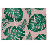 トロピカルピンクとグリーンパーム葉のシームレスパターン ラージペーパーバッグ (裏面)