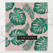 トロピカルピンクとグリーンパーム葉のシームレスパターン ワインラベル (シングルラベル)