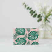 トロピカルピンクとグリーンパーム葉のシームレスパターン 名刺 (スタンド正面)