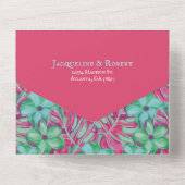 トロピカルピンクとグリーン結婚フローラ オールインワン招待状 (裏面)