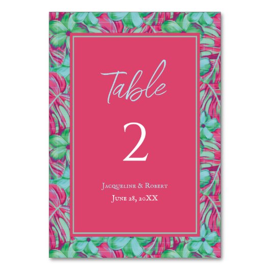トロピカルピンクとグリーン結婚フローラ テーブルナンバー (正面)