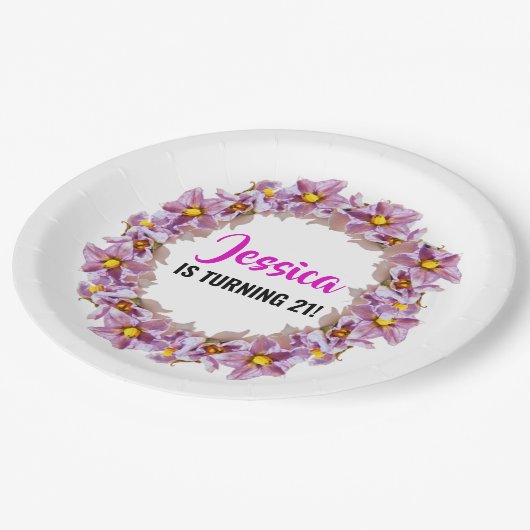 トロピカルピンクとブルー21歳の誕生日パーティー ペーパープレート (アングル)