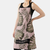 トロピカルピンクと金ゴールドパーム葉のパターンと名前 エプロン (インサイチュ)