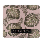 トロピカルピンクと金ゴールドパーム葉のパターンと名前 カッティングボード (正面)