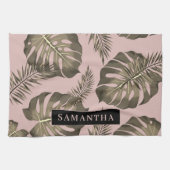 トロピカルピンクと金ゴールドパーム葉のパターンと名前 キッチンタオル (横)