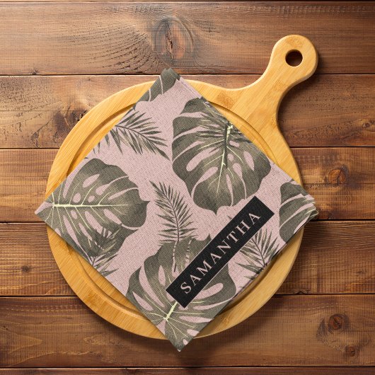 トロピカルピンクと金ゴールドパーム葉のパターンと名前 キッチンタオル