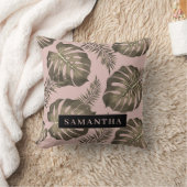 トロピカルピンクと金ゴールドパーム葉のパターンと名前 クッション (ブランケット)