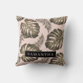 トロピカルピンクと金ゴールドパーム葉のパターンと名前 クッション (裏面)