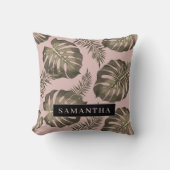 トロピカルピンクと金ゴールドパーム葉のパターンと名前 クッション (正面)