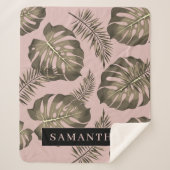 トロピカルピンクと金ゴールドパーム葉のパターンと名前 シェルパブランケット (正面)