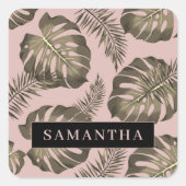 トロピカルピンクと金ゴールドパーム葉のパターンと名前 スクエアシール (正面)