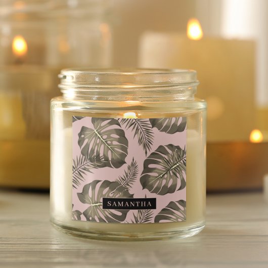 トロピカルピンクと金ゴールドパーム葉のパターンと名前 スクエアシール