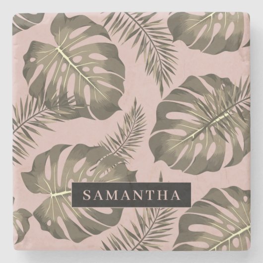 トロピカルピンクと金ゴールドパーム葉のパターンと名前 ストーンコースター (正面)