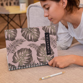 トロピカルピンクと金ゴールドパーム葉のパターンと名前 ノートブック