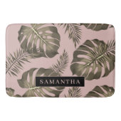 トロピカルピンクと金ゴールドパーム葉のパターンと名前 バスマット (正面)