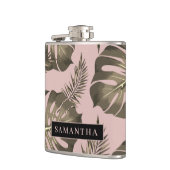 トロピカルピンクと金ゴールドパーム葉のパターンと名前 フラスク (左)