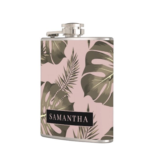 トロピカルピンクと金ゴールドパーム葉のパターンと名前 フラスク (左)