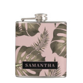 トロピカルピンクと金ゴールドパーム葉のパターンと名前 フラスク (正面)